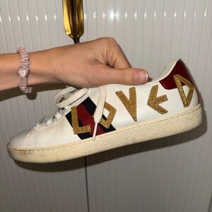 Gucci White Ace “Loved” Leather Sneakers with Red & Blue Webbing